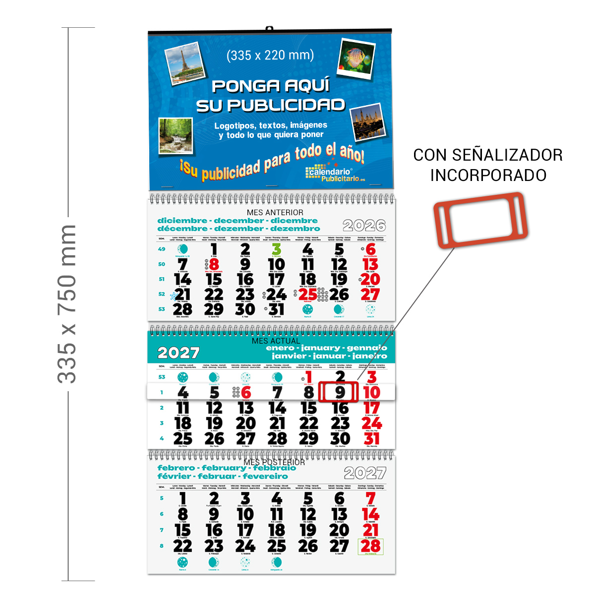 Calendario de pared con faldilla EUROPEA TRIMESTRAL 335 mm con WIRE-O